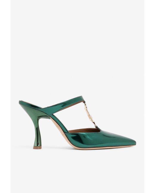Malone Souliers Green Elsa 90 Crystal Buckle Leather Mules