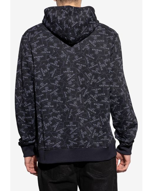 Balmain Black All-Over Label Print Hooded Sweatshirt for men