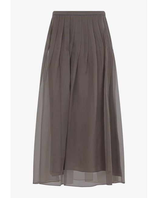 Brunello Cucinelli Gray Pleated Silk Midi Skirt
