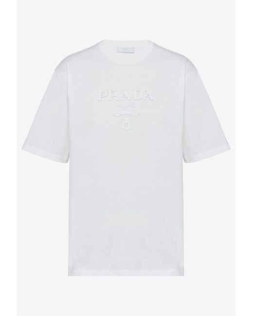 Prada Raised Logo Crewneck T-Shirt in White for Men | Lyst
