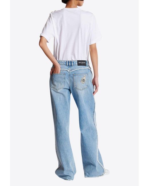 Balmain Blue Crystal Logo Patch Straight Jeans