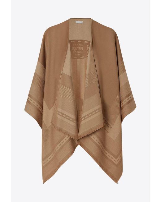 Fendi Brown Wool And Cashmere Logo Jacquard Poncho