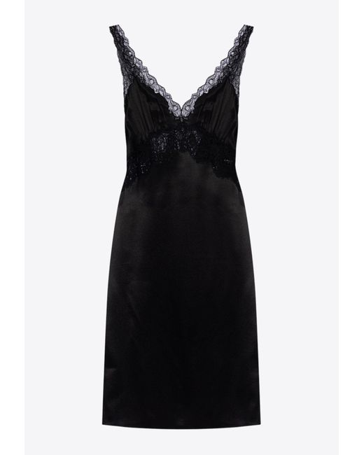 Saint Laurent Black Lace-Trimmed Silk Midi Dress