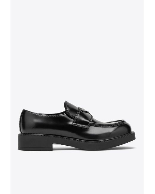 Prada Black Brushed Leather Logo Loafers for men