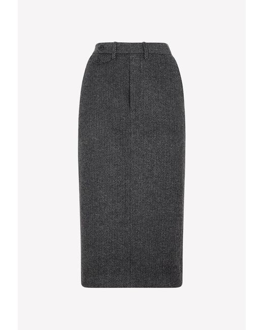 Ralph Lauren Gray Herringbone Pencil Midi Skirt In Wool