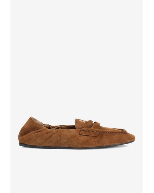 Miu Miu White Ruched Suede Logo Loafers