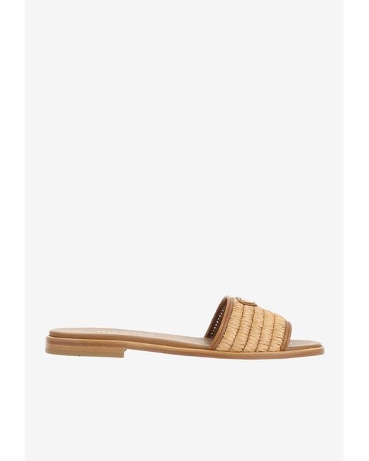 Prada White Triangle Logo Raffia Flat Sandals