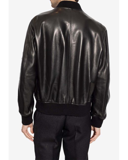 Versace Black Leather Zip-Up Bomber Jacket for men