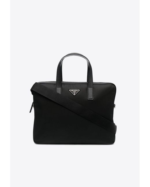 Prada Black Triangle Logo Leather Briefcase for men