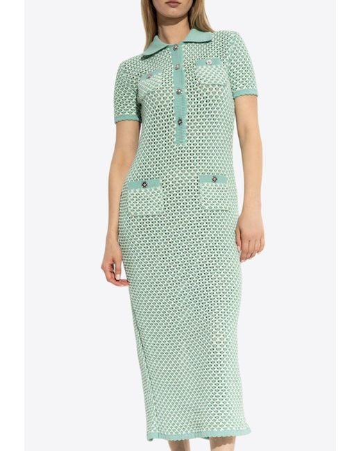 Versace Green Crochet Knit Polo Maxi Dress