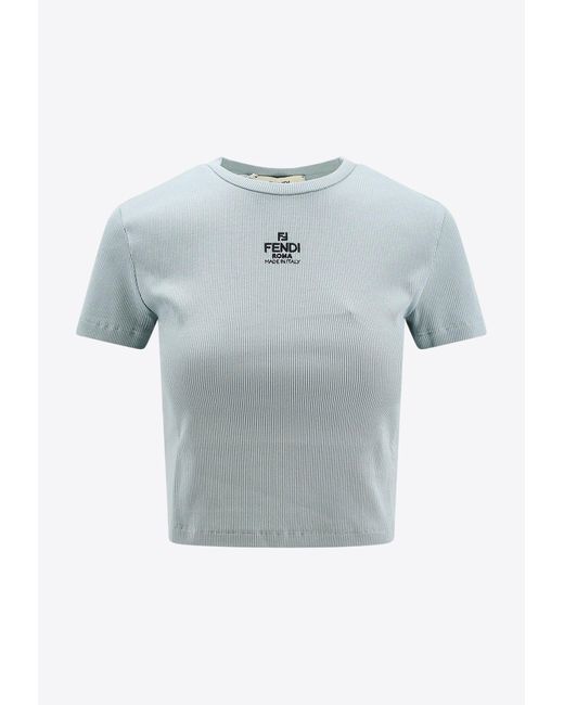 Fendi Blue Logo-Embroidered Ribbed T-Shirt