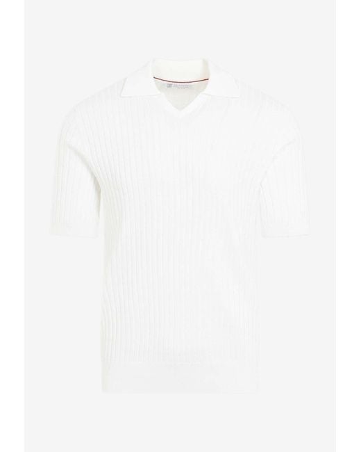 Brunello Cucinelli White Ribbed Short-Sleeved Polo T-Shirt for men