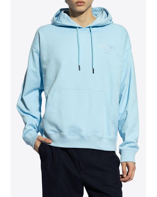 Versace Blue Logo Embroidered Hooded Sweatshirt for men