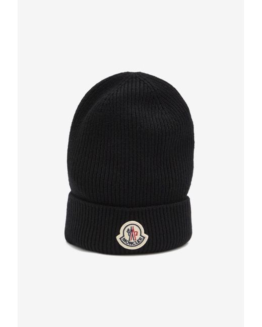 Moncler Black Iconic Logo Patch Wool Beanie for men