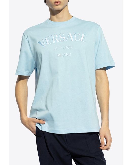 Versace Blue Logo Embroidered Crewneck T-Shirt for men
