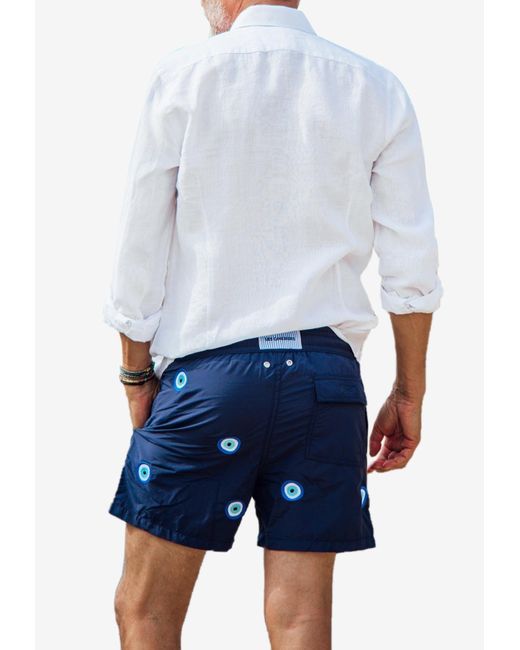 Les Canebiers Blue All-Over Mataki Embroidered Swim Shorts for men