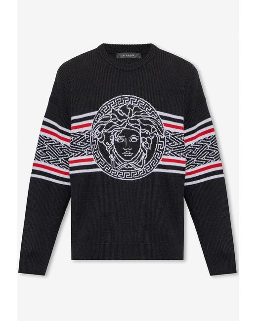 Versace Black Medusa Striped Jacquard Sweater for men
