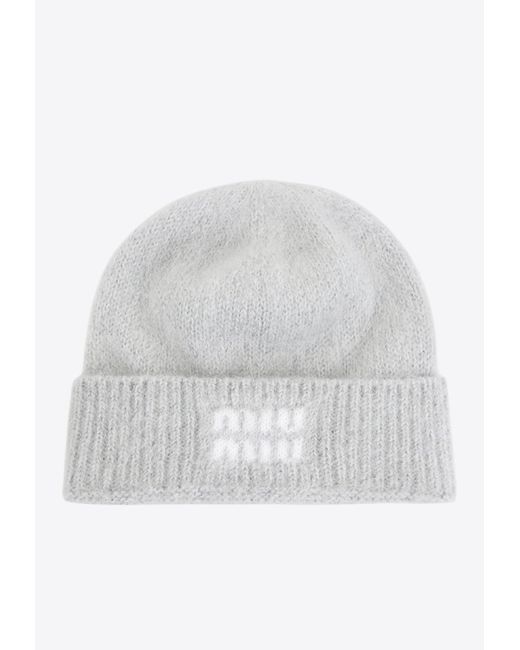 Miu Miu White Logo Jacquard Mohair Beanie