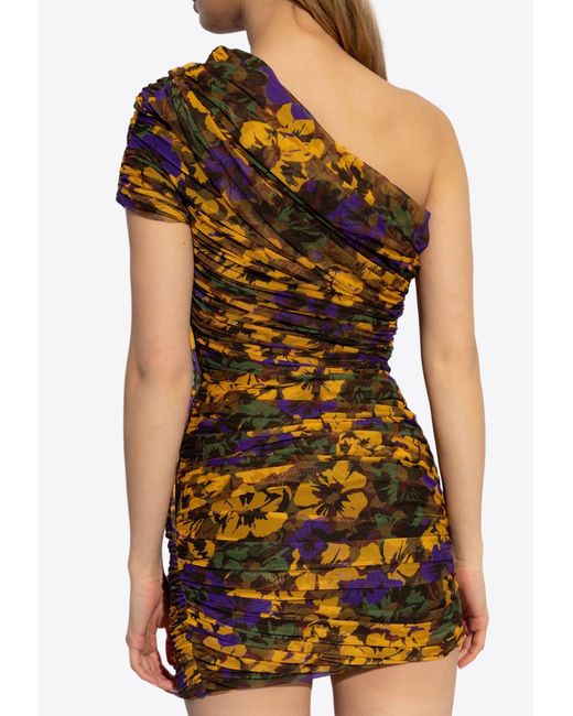 Saint Laurent Multicolor One-Shoulder Mini Floral Tulle Dress