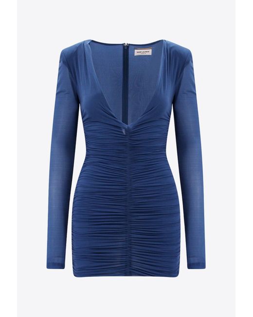 Saint Laurent Blue Ruched V-Neck Mini Dress