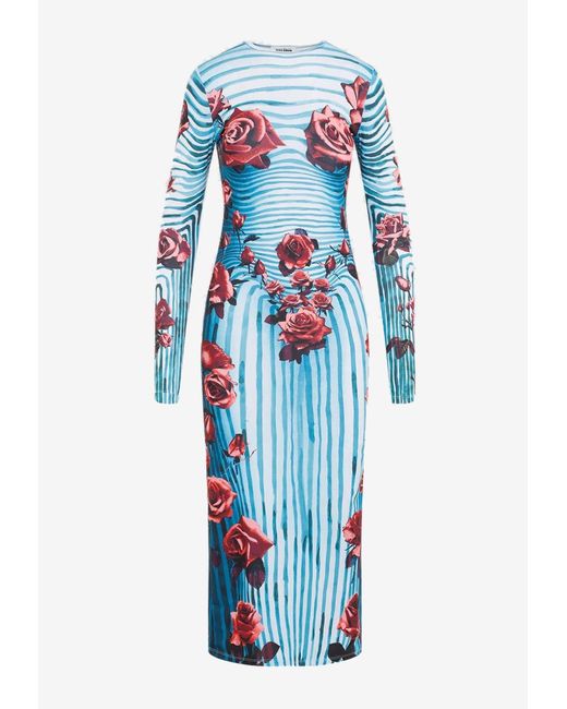 Jean Paul Gaultier Blue Flower-print Slim-fit Stretch-woven Maxi Dress