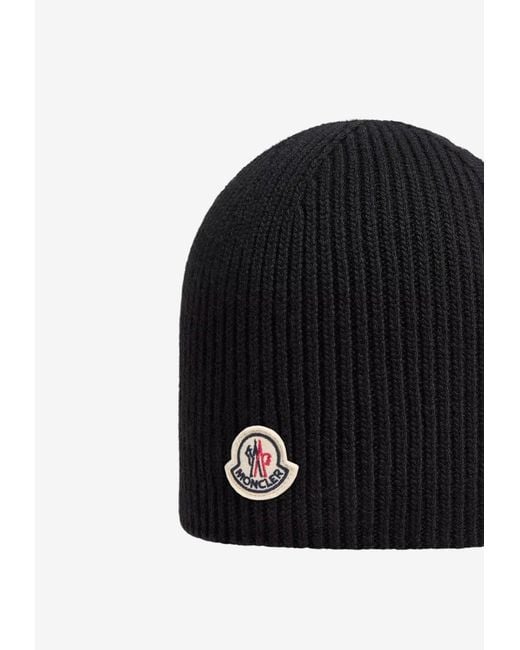 Moncler Black Ribbed Logo Beanie for men
