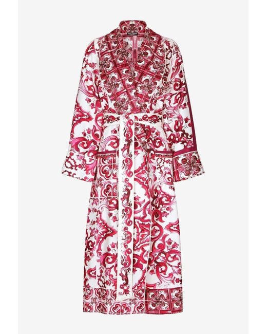 Dolce & Gabbana Red Majolica Print Long Silk Robe