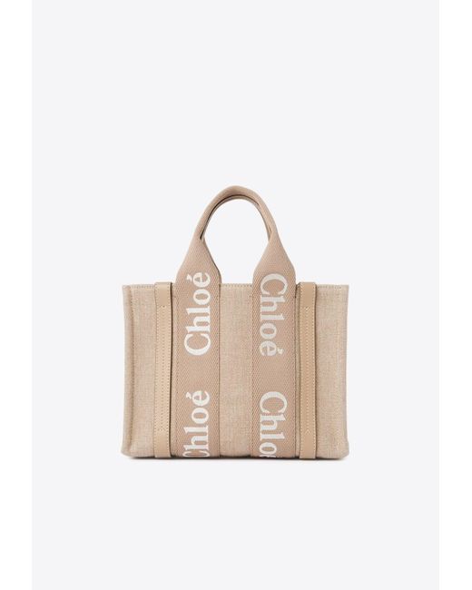 Chloé Natural Small Woody Leather And Linen Tote Bag
