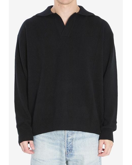 Roberto Collina Black Wool-Blend Long-Sleeved Polo T-Shirt for men