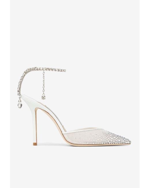 Jimmy Choo White Saeda 100 Crystal-Embellished Mesh Pumps