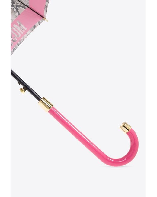 Moschino Pink Logo Trim Snakeskin Print Umbrella
