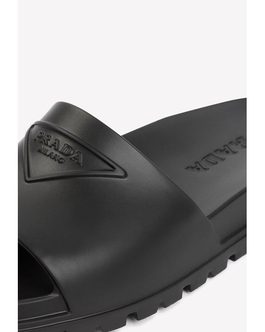 Prada Embossed Triangle Logo Rubber Slides in White for Men Lyst