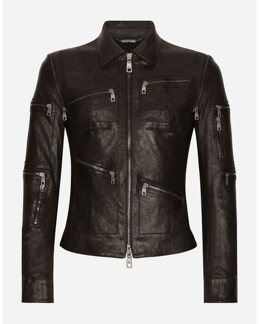 Dolce & Gabbana Black Leather Zip-Up Jackets for men