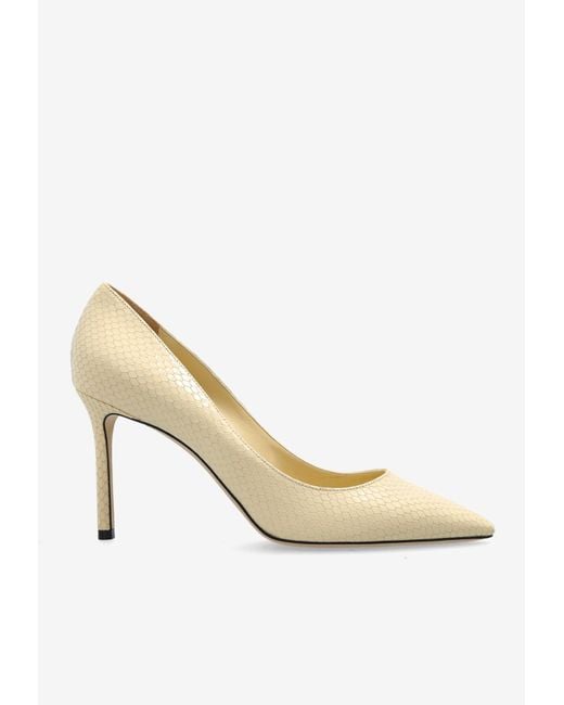 Jimmy Choo Natural Romy 85 Elaphe Print Leather Pumps