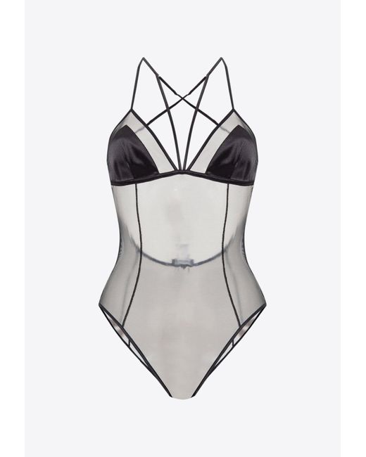 Dolce & Gabbana Criss-cross Strap Sheer Bodysuit in Gray | Lyst