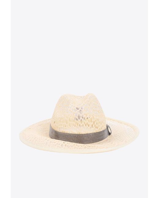 Brunello Cucinelli White Strass-Strap Woven Fedora Hat