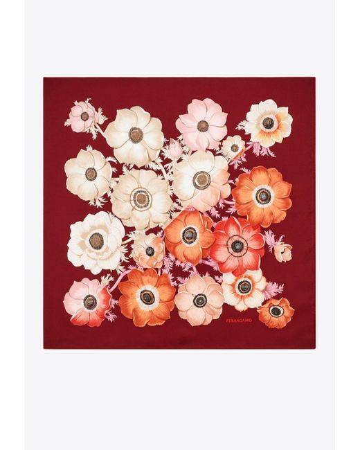 Ferragamo Red Anemone Print Silk Scarf