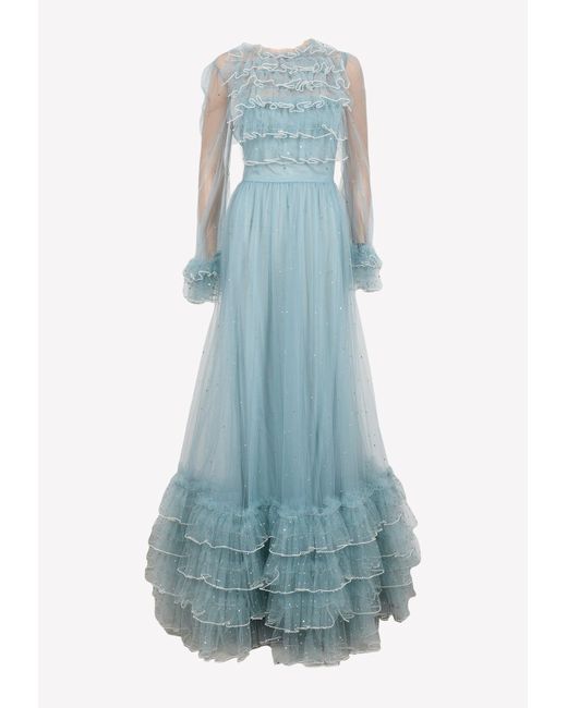 Valentino Blue Ruffled Yoke Sequined Tulle Gown