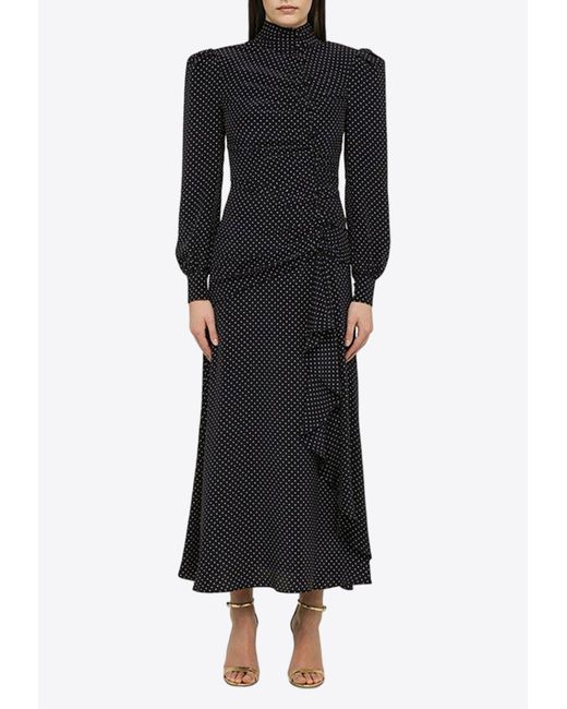 Alessandra Rich Black Polka Dots Midi Silk Dress