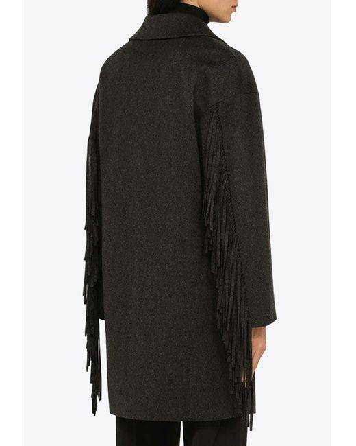 FEDERICA TOSI Black Wool And Cashmere Coat With Fringes