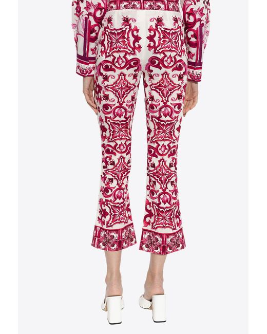 Dolce & Gabbana Red Majolica Print Silk Cropped Pants