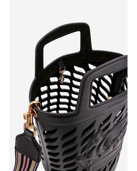 Etro Black Pegaso Perforated Leather Bucket Bag