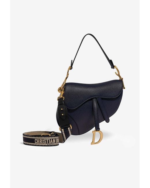 Dior Black Saddle Bag In Dark Blue Calfskin With Gold Hardware