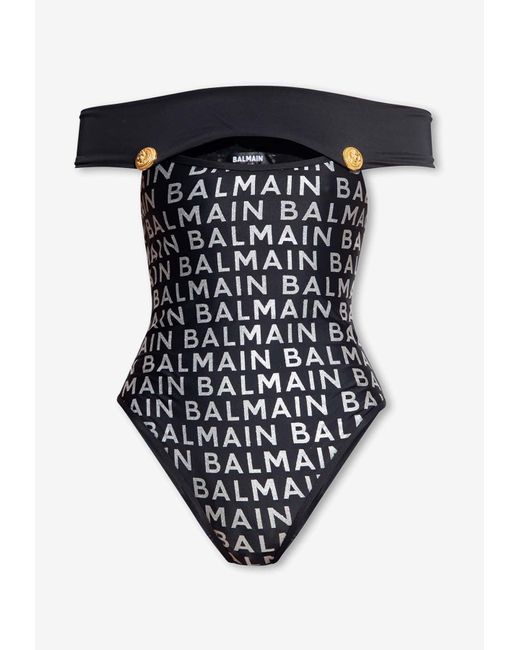 Balmain Logo Print Off-shoulder One-piece Swimsuit in Black | Lyst