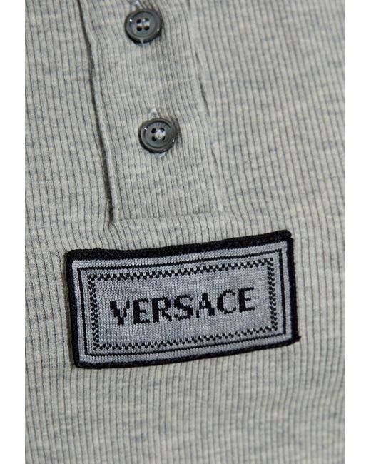 Versace Gray Logo Tag Long-Sleeved Ribbed Top