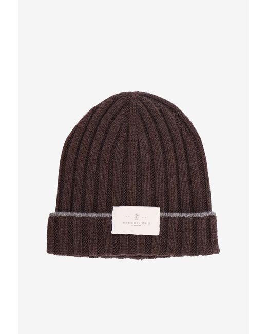 Brunello Cucinelli Brown Logo Patch Ribbed Beanie for men