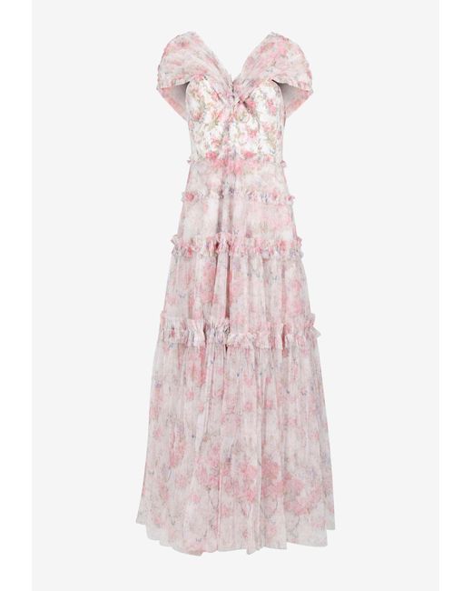 Needle & Thread Pink Floral Wreath Off-Shoulder Grace Gown