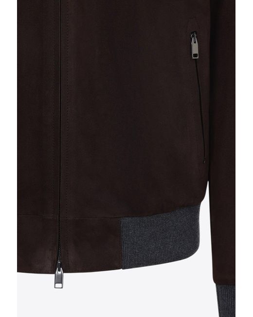 Brioni Black Suede Zip-Up Bomber Jacket for men