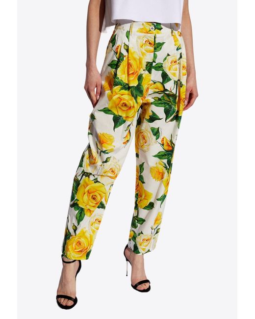 Dolce & Gabbana Yellow Rose Print High-Waist Pants