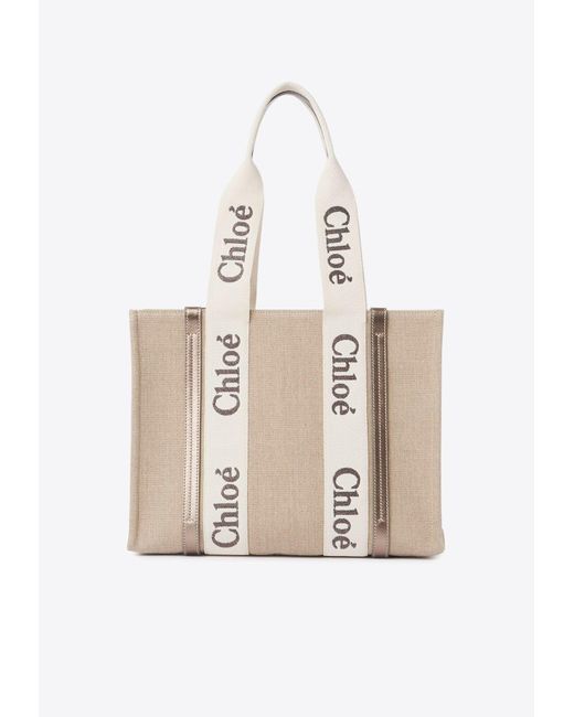 Chloé Natural Woody Leather And Linen Tote Bag